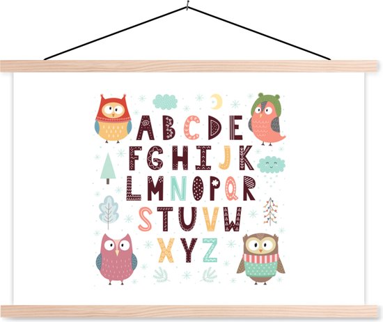 Posterhanger incl. Poster - Schoolplaat - Illustratie alfabet met grappige uilen - 150x100 cm - Blanke latten
