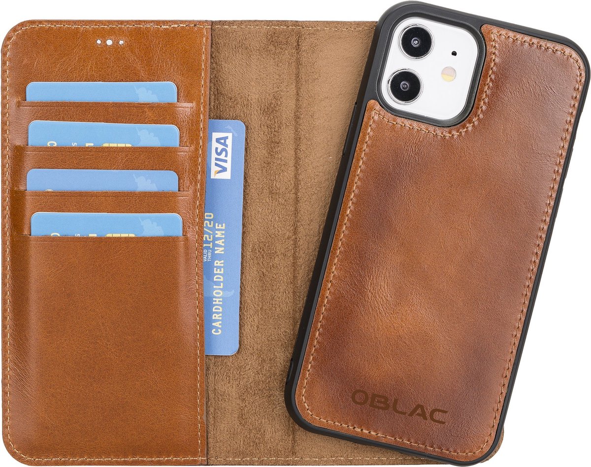 Hoesje iPhone 12 / 12 Pro Oblac® - Full-grain leer - Magnetisch 2IN1 - RFID - 5 kaartvakken - Cognac Bruin