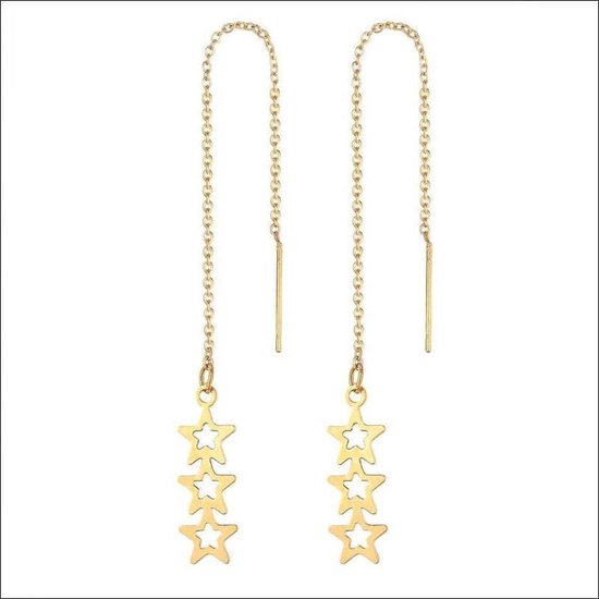 Aramat jewels ® - Doortrek oorbellen met kettinkje 3 sterren goudkleurig staal