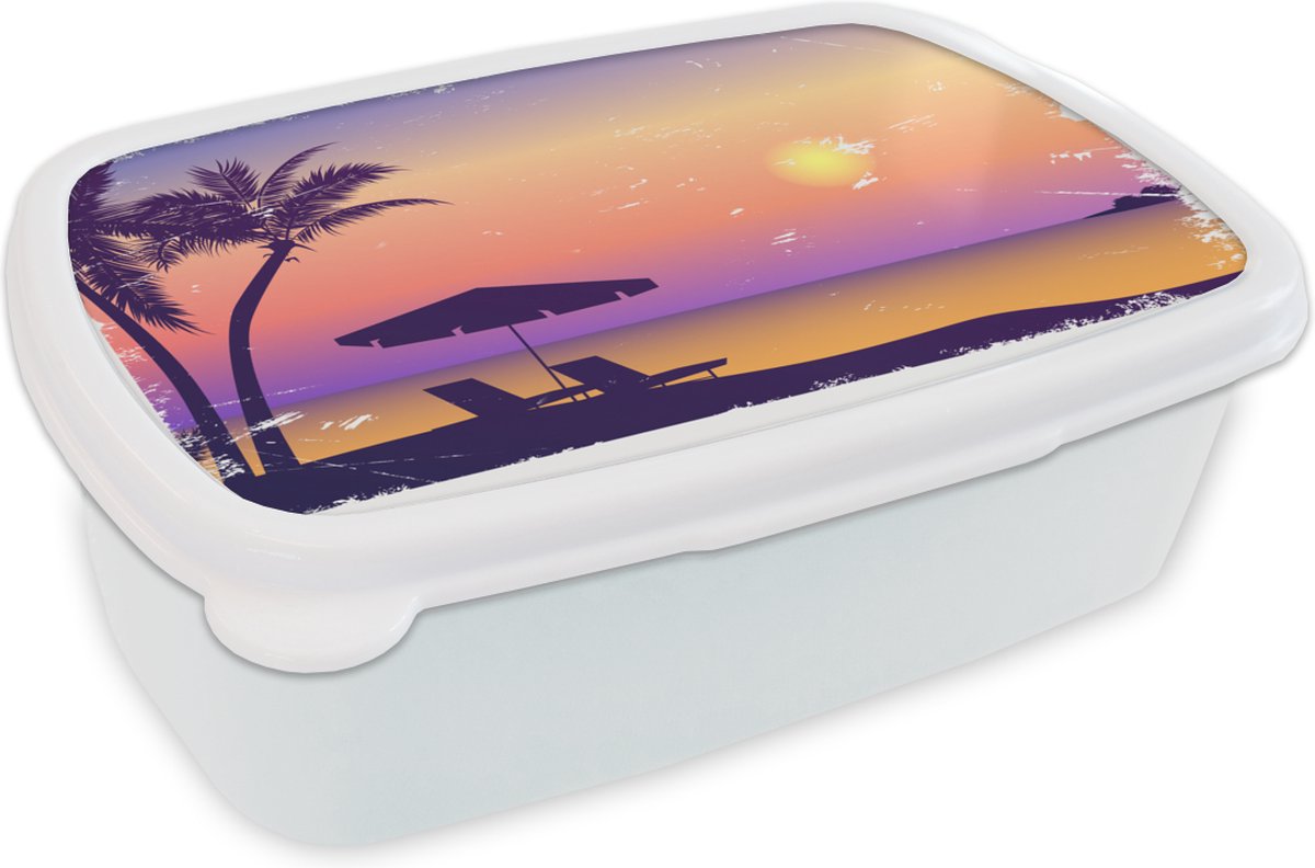 Broodtrommel Wit - Lunchbox - Brooddoos - Strand - Stoel - Parasol - Nacht - 18x12x6 cm - Volwassenen