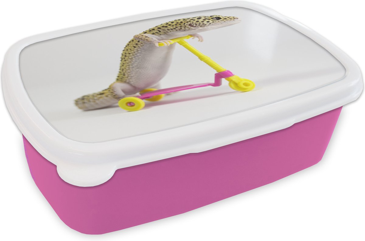 Broodtrommel Roze - Lunchbox - Brooddoos - Gekko op een step - 18x12x6 cm - Kinderen - Meisje