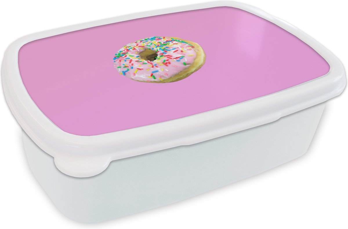 Broodtrommel Wit - Lunchbox - Brooddoos - Roze donut met topping - 18x12x6 cm - Volwassenen