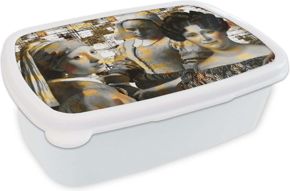 Broodtrommel Wit - Lunchbox - Brooddoos - Collage - Mondriaan - Goud - 18x12x6 cm - Volwassenen