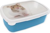 Broodtrommel Blauw - Lunchbox - Brooddoos - Staande bruin-witte hamster - 18x12x6 cm - Kinderen - Jongen