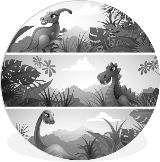 WallCircle - Wall Circle - Wall Circle Indoor - Trois illustrations de jolis dinosaures - noir et blanc - 60x60 cm - Décoration murale - Peintures ronds