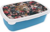 Broodtrommel Blauw - Lunchbox - Brooddoos - Luipaard - Bloemen - Dieren - 18x12x6 cm - Kinderen - Jongen