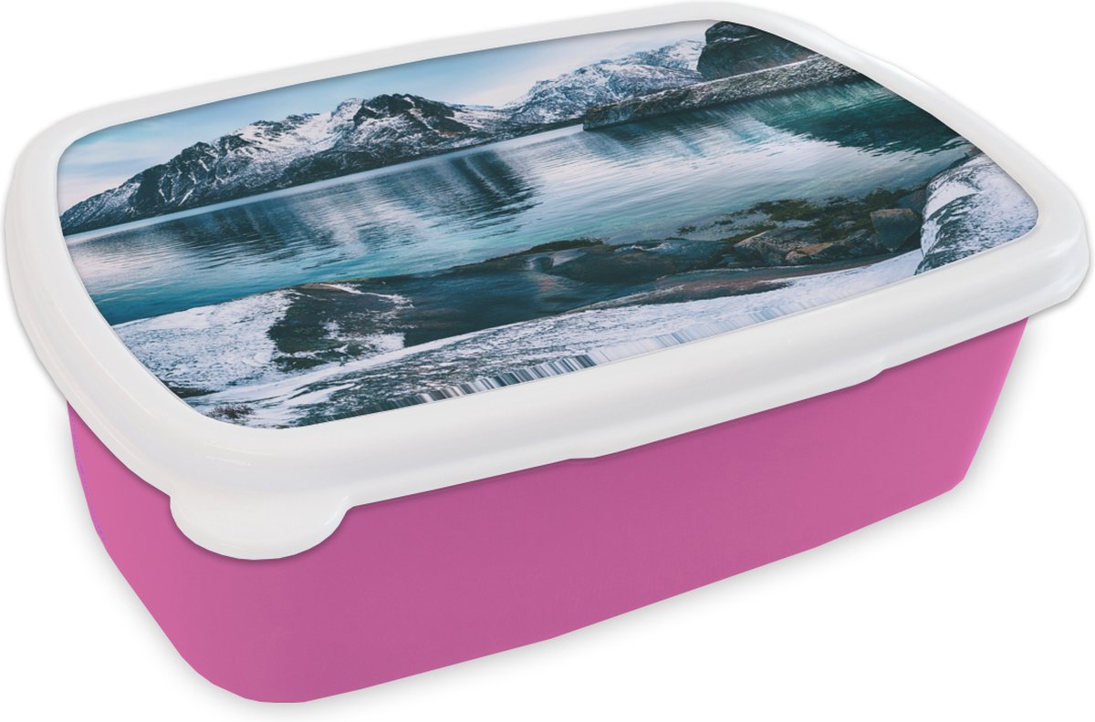 Broodtrommel Roze - Lunchbox - Brooddoos - Winter - Meer - Sneeuw - 18x12x6 cm - Kinderen - Meisje