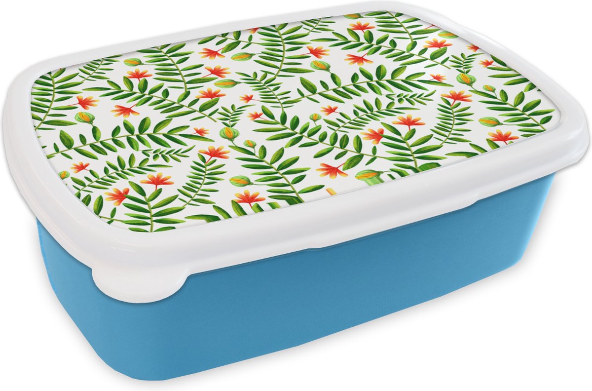 Broodtrommel Blauw - Lunchbox - Brooddoos - Jungle - Bladeren - Flora - 18x12x6 cm - Kinderen - Jongen