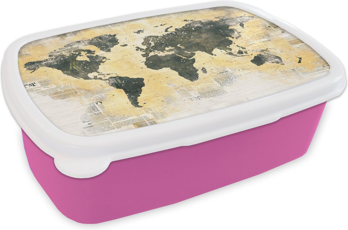 Broodtrommel Roze - Lunchbox - Brooddoos - Wereldkaart - Goud - Krant - 18x12x6 cm - Kinderen - Meisje