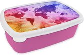 Broodtrommel Roze - Lunchbox - Brooddoos - Wereldkaart - Waterverf - Regenboog - 18x12x6 cm - Kinderen - Meisje