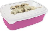 Broodtrommel Roze - Lunchbox Drie labrador puppy's - Brooddoos 18x12x6 cm - Brood lunch box - Broodtrommels voor kinderen en volwassenen
