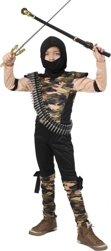 Funny Fashion - Ninja & Samurai Kostuum - Speciale Commandotroepen Ninja - Jongen - Bruin, Zwart - Maat 140 - Carnavalskleding - Verkleedkleding