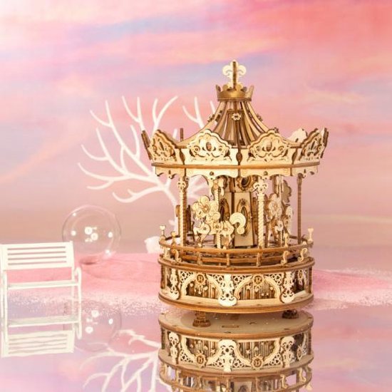 bouwpakket 3D Romantic Carousel 17 x 23,5 cm hout bruin van Robotime — afbeelding 2