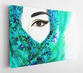 Canvas schilderij - Beautiful Arabic woman. perfect makeup and accessories hiding her face behind a veil. Indian style. watercolor illustration  -     341733587 - 115*75 Horizontal