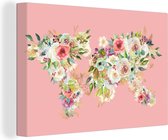 Wanddecoratie Wereldkaart - Rozen - Anemoon - Roze - Canvas - 60x40 cm