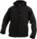 Zwarte DASSY softshell werkjas met capuchon, ritssluiting en reflecterende details.