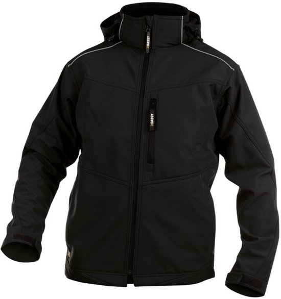 Zwarte DASSY softshell werkjas met capuchon, ritssluiting en reflecterende details.