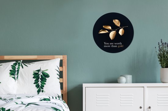 Branche d'or avec des feuilles avec la citation - Vous valez plus que l'or - ⌀ 30 cm - peinture ronde - cercle de papier peint - cercle mural - cercle vivant - autocollant et découpe ronde