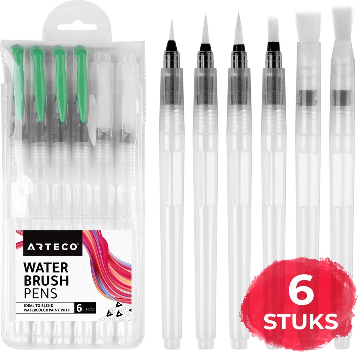 ARTECO® Set 6 Stuks Waterbrush Pennen (3 Punt + 3 Plat) – Navulbaar Penseel – Brushlettering & Kalligrafie