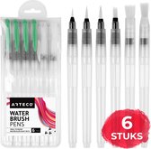ARTECO® Set 6 Stuks Waterbrush Pennen (3 Punt + 3 Plat) - Navulbaar Penseel – Brushlettering & Kalligrafie