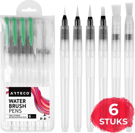 ARTECO® Set 6 Stuks Waterbrush Pennen (3 Punt + 3 Plat) - Navulbaar Penseel – Brushlettering & Kalligrafie