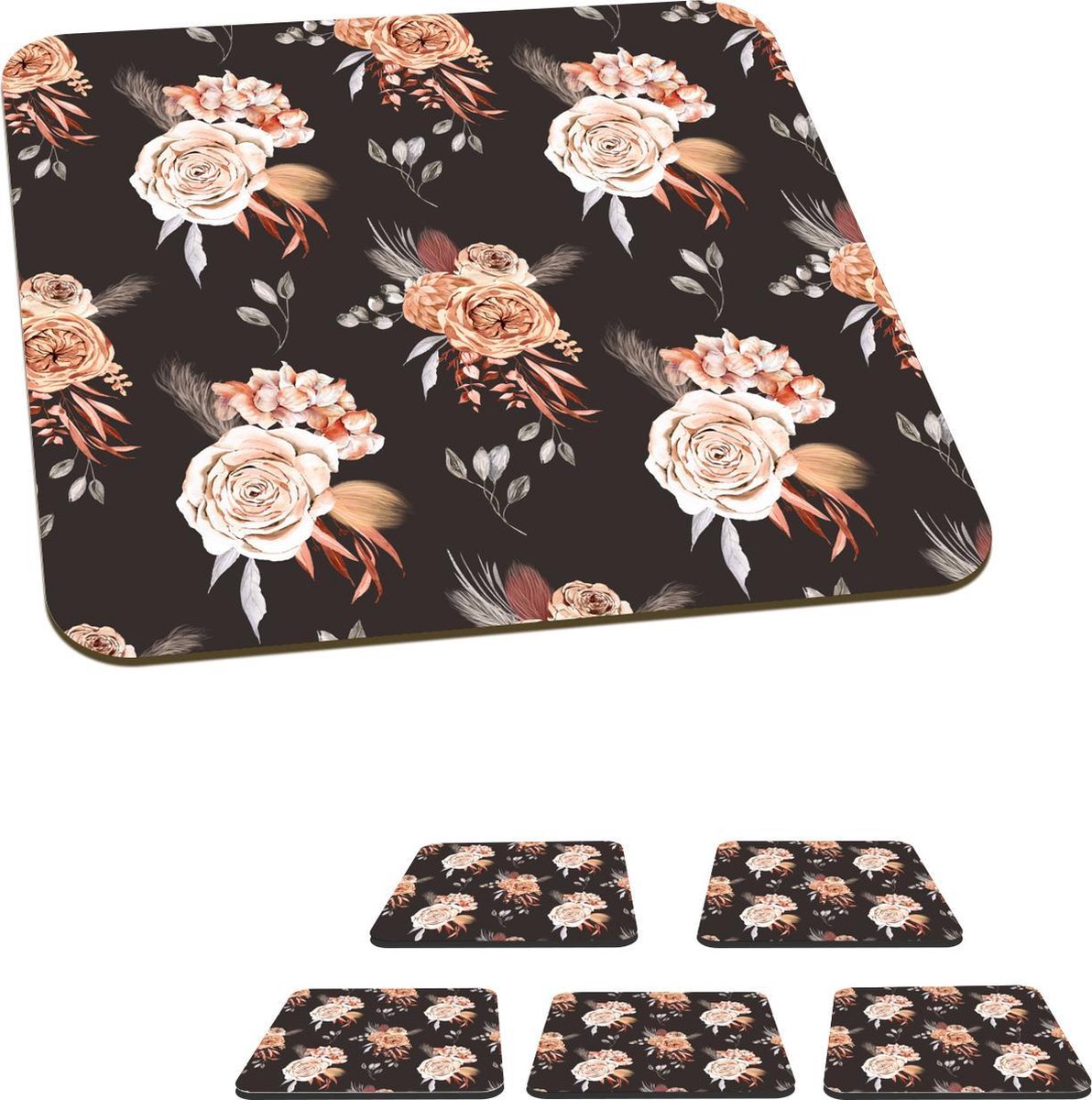 Onderzetters voor glazen - Bloemen - Bohemian decoratie - Zwart - 10x10 cm - Glasonderzetters - 6 stuks