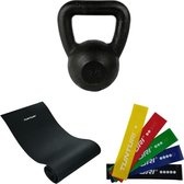 Tunturi - Fitness Set - Kettlebell 12  kg - Fitnessmat 160 x 60 x 0,7 cm - Weerstandsbanden 5 stuks