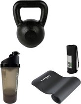 Tunturi - Fitness Set - Kettlebell 16 kg - Fitnessmat 180 x 60 x 1,5 cm - Shakebeker