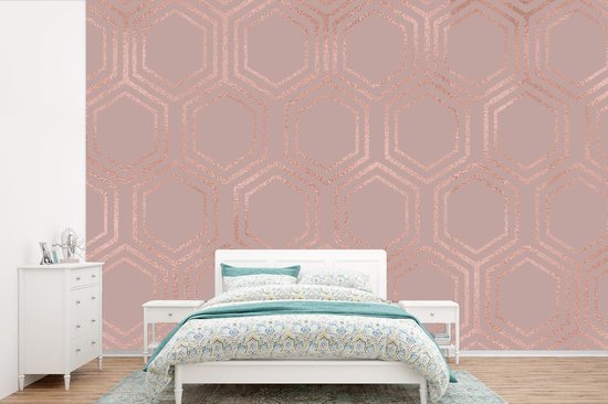 Luxe motif d'hexagones en or rose sur fond vieux rose 390x260 cm