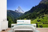 Behang - Fotobehang Zwitserse Alpen in Matterhorn met groene bomen - Breedte 420 cm x hoogte 280 cm
