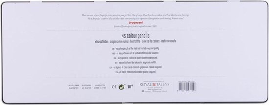 Achterkant van de doos met 45 kleurpotloden, met informatie en logo's.