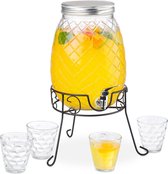 Relaxdays limonadetap met glazen - 5,7 l - drankdispenser met kraan - sapkan met deksel