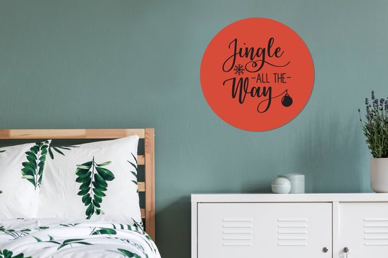 Citation de Noël Jingle tout le chemin sur un fond rouge Sticker papier peint cercle mural - 50x50 cm - peinture ronde - cercle de papier peint - cercle mural - cercle vivant - autocollant et coupe ronde