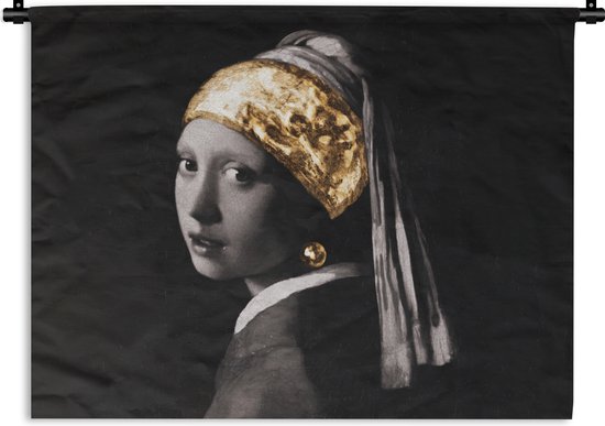 Wandkleed - Wanddoek - Meisje met de parel - Vermeer - Zwart - Wit - Goud - 180x135 cm - Wandtapijt