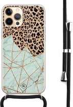 iPhone 12 Pro hoesje met koord - Luipaard marmer mint | Apple iPhone 12 Pro crossbody case | Zwart, Transparant | Luipaardprint