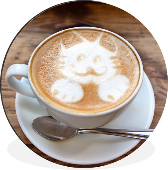 WallCircle - Wandcirkel - Muurcirkel - Een kat is als latte art afgebeeld in het schuim van een cappuccino - Aluminium - Dibond - ⌀ 90 cm - Binnen en Buiten