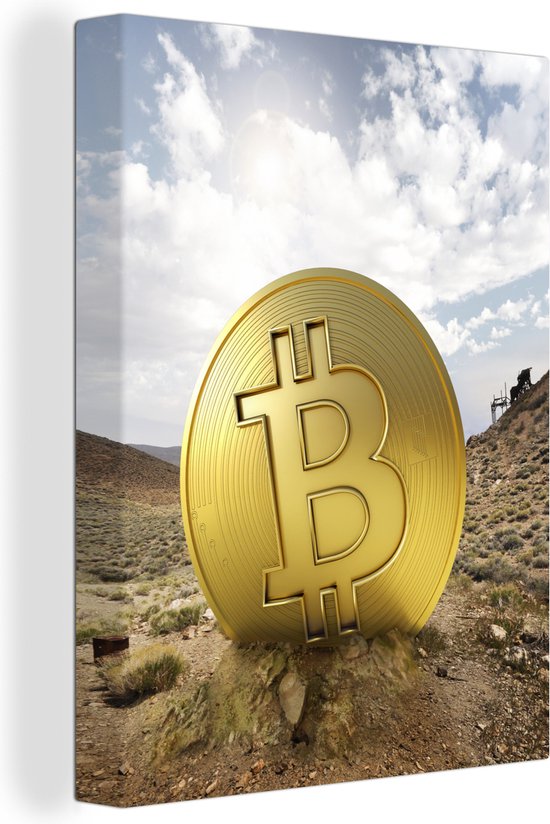 Toile Peinture Bitcoin sort de terre dans une mine - 30x40 cm - Décoration murale Art