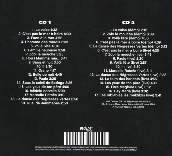 Achterkant van een 2-CD-hoes met titellijsten voor CD 1 en CD 2, en data van live optredens.