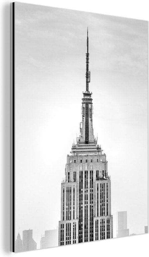 Wanddecoratie Metaal - Aluminium Schilderij Industrieel - Grijs wit afbeelding van het Empire State Building in New York - 120x160 cm - Dibond - Foto op aluminium - Industriële muurdecoratie - Voor de woonkamer/slaapkamer