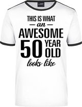 Awesome 50 year - geweldige 50 jaar wit/zwart ringer cadeau t-shirt heren -  Verjaardag cadeau / Abraham L