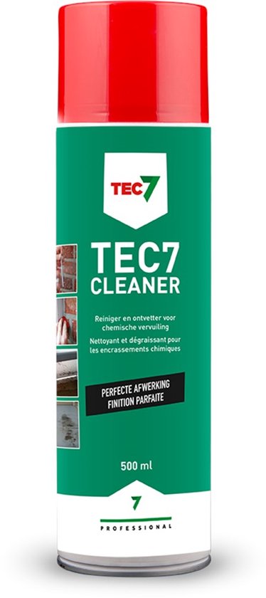 Groene spuitbus TEC7 CLEANER met rode dop. Tekst: "TEC7 CLEANER Reiniger en ontvetter voor chemische vervuiling"