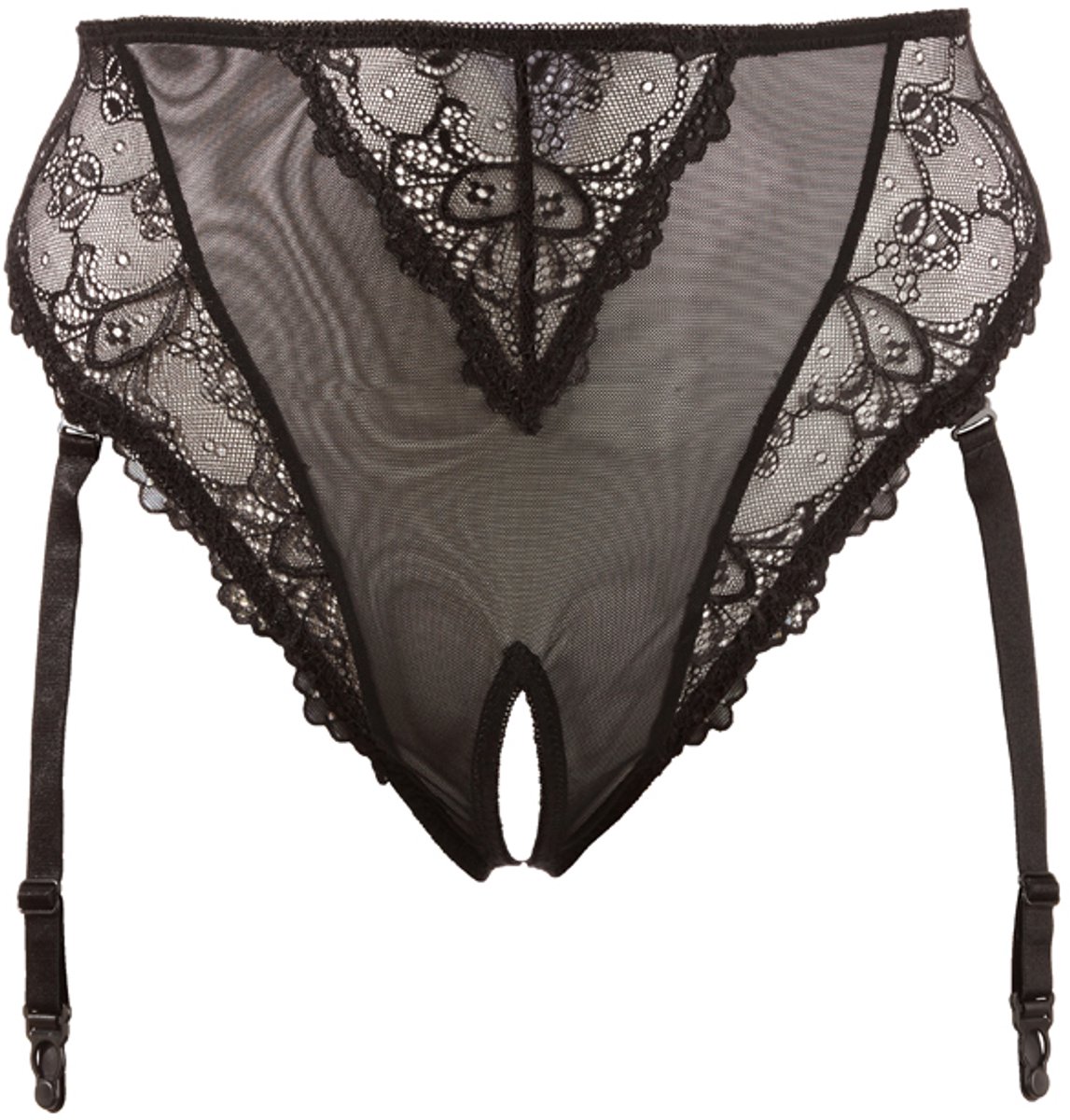 Cottelli Plus Size –  Jarretel Slip met Kanten Inleg en Erotisch Ondertoon – Maat 3XL - Zwart