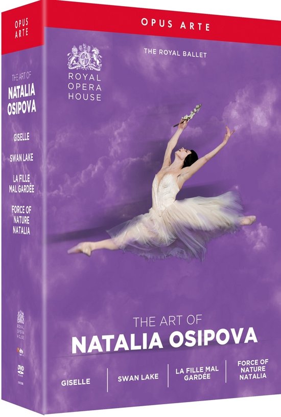 DVD hoes van 'The Art of Natalia Osipova' met de ballerina in een witte tutu in een split sprong, met groen blad in haar hand.