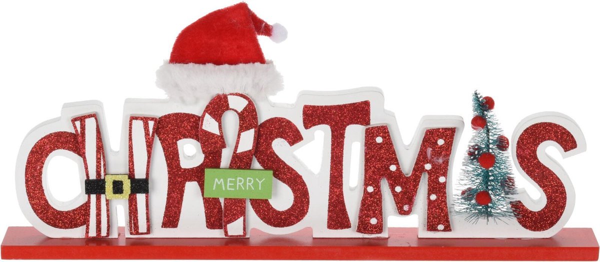 Houten kerstversiering bordje Merry Christmas 35 cm - raamdecoratie - vensterbank versiering - kerstdecoratie