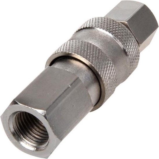 Zilverkleurige, metalen koppeling met gekartelde ringen, van de zijkant bekeken.