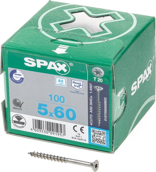 Boîte verte SPAX de 100 vis 5x60. Une vis SPAX est posée à côté. SPAX Inox.