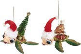 Viv! Home Luxuries Kerstornament - schildpadden - kerstmuts kerstboom kalkoen  - set van 2 - groen - 11cm