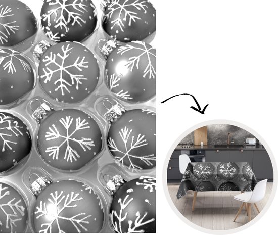 Kerst Tafelkleed - Kerstmis Decoratie - Tafellaken - Een doos met kerst ornamenten - zwart wit - 130x200 cm - Kerstmis Versiering