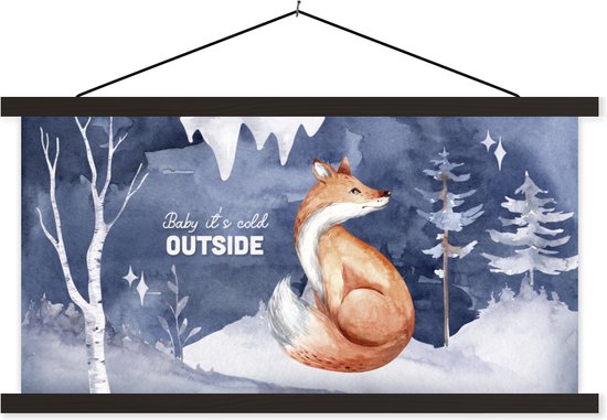 Porte-affiche avec affiche - Affiche scolaire - Renard - Hiver - Neige - 90x45 cm - Lattes noires