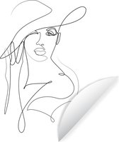 WallCircle - Muurstickers - Behangcirkel - Abstracte line art van een vrouw met een hoed op vierkant - ⌀ 30 cm - Muurcirkel - Zelfklevend - Ronde Behangsticker